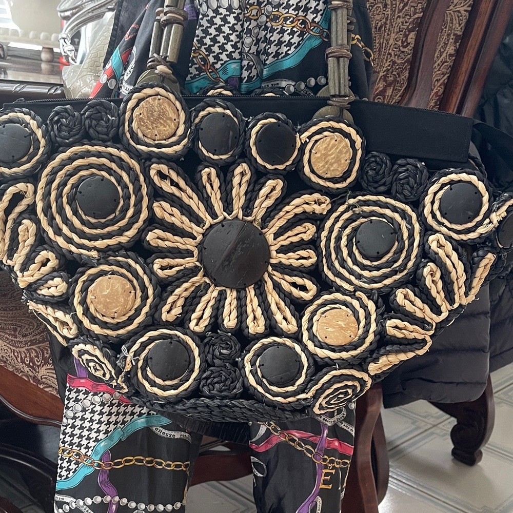 Chicos Black and Tan Woven Tote Bag